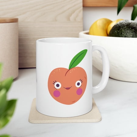 Funny Peach Emoji 11 oz Coffee Mug - Cute Fruit Design White Ceramic Gift