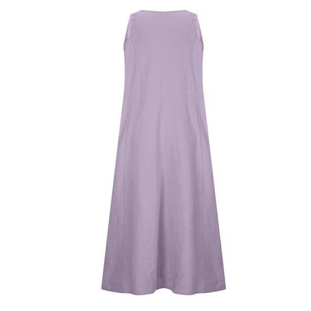 Elainilye Fashion Beach Dresses for Women Summer Casual Solid Color  Sleeveless Cotton Linen Long Dress,Purple - Walmart Business Supplies