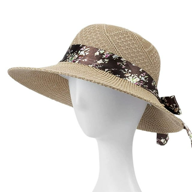 Women's Summer Straw Sun Hat with Ribbon, Polyester UV Protection, Breathable, Beach Casual