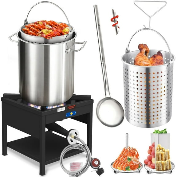 40QT Seafood Boiling Kit, 200,000BTU Propane Burner and 36" Large Spoon, Crawfish Boil Pot w/Basket and Steamer Rack, Outdoors Cooking and Steaming, Large Turkey Fryer Pot, Lobster Shrimp Pot