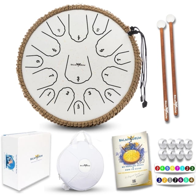 Tambor de lengüetas de acero Balmy Drum de 15 notas, 36 cm, blanco, set