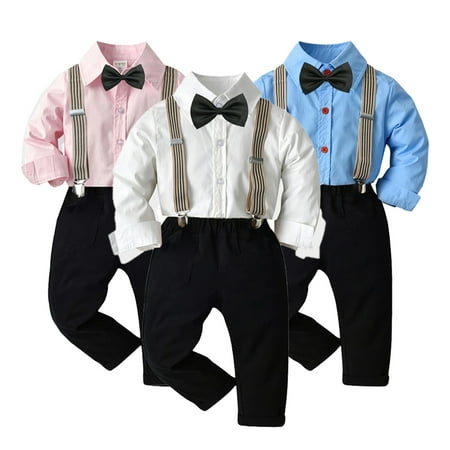 

FJUCHAI Kids button Dress Shirt Set Baby 12M-6Y Toddler Boys Gentleman Suit Casual T-Shirt +bow Tie +strap Pants Outfit