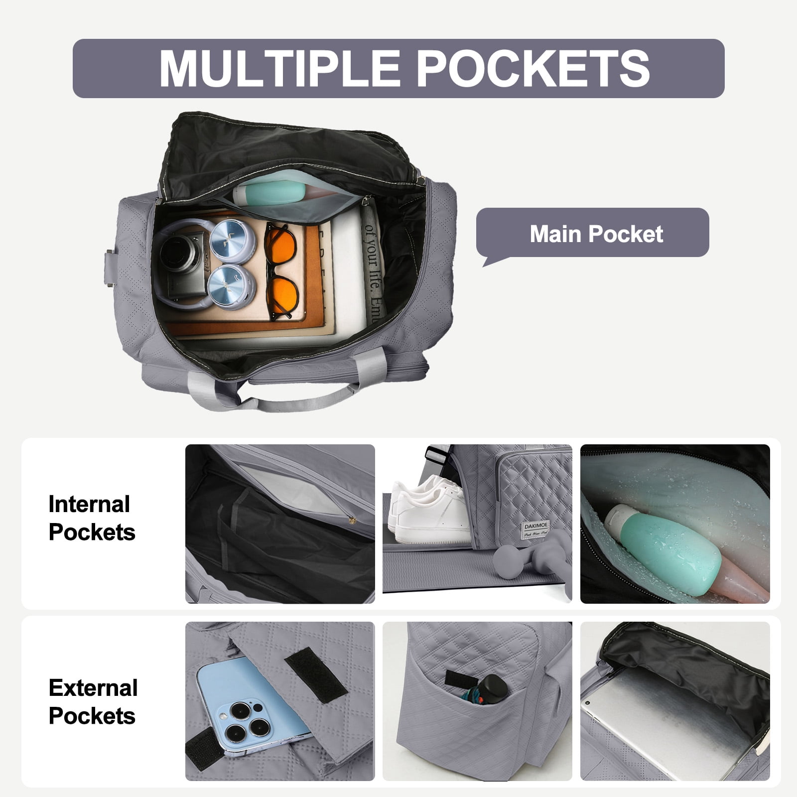 DAKIMOE Travel Duffle Bag for Women Men, Weekender Overnight Bags Carry on Gym Bag with Wet Pocket/Adjustable Strap/Shoe Compartment, Foldable Waterproof Duffel Tote for Plane Sports Dance, Gray