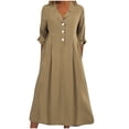 thumbnail image 2 of Women's Button Front Pleated Shirt Casual Dress V-Neck Simple Casual Loose Flowy Shift Dress, 2 of 6