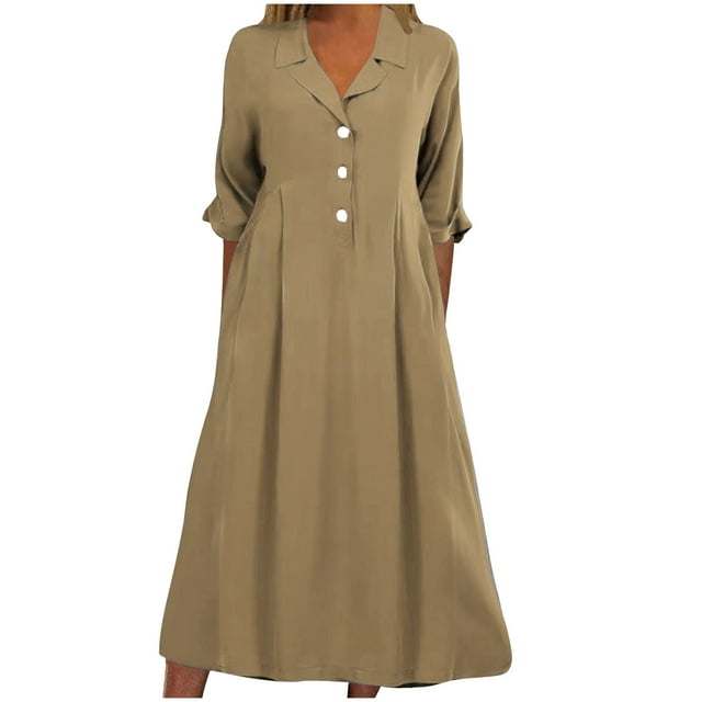 Pisexur Robes d'Automne pour Femmes 2024 Col Rabattu Manches 1/2 Robe Maxi Mode Élégante Couleur Unie Robes de Retour à la Maison Décontractées Fluides Col en V Boutonnée Robe de Cocktail