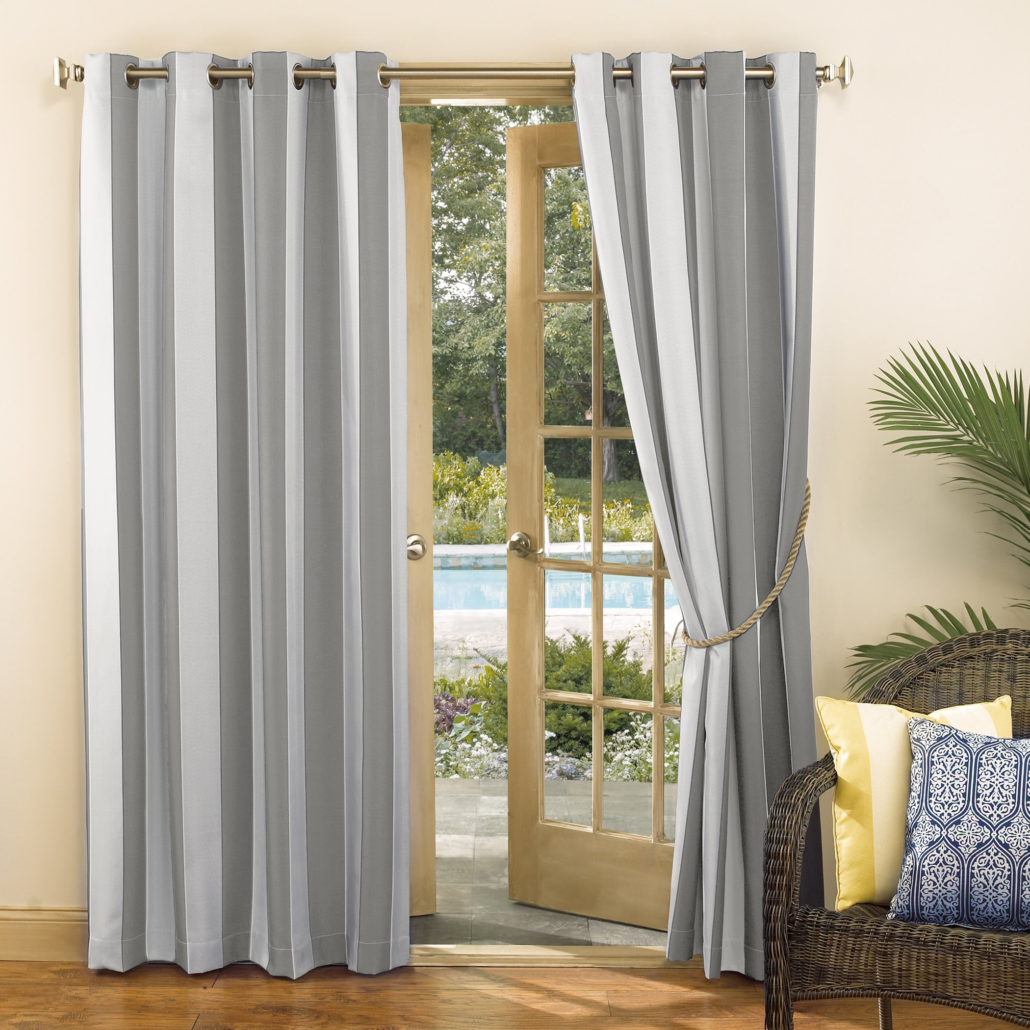 Sun Zero Valencia Cabana Stripe Indoor/Outdoor Uv Protectant Room Darkening Grommet Curtain Panel, 54"X108", Gray, 54"X108", Gray/Stripe