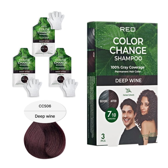 Red by Kiss Color Change Shampoo – Permanent Hair Color with 100% Gray Coverage, Quick 7-10 Minute Formula, No Tools Needed, Herbal Extracts, Includes 3 Shampoo Pouches (Deep Wine)