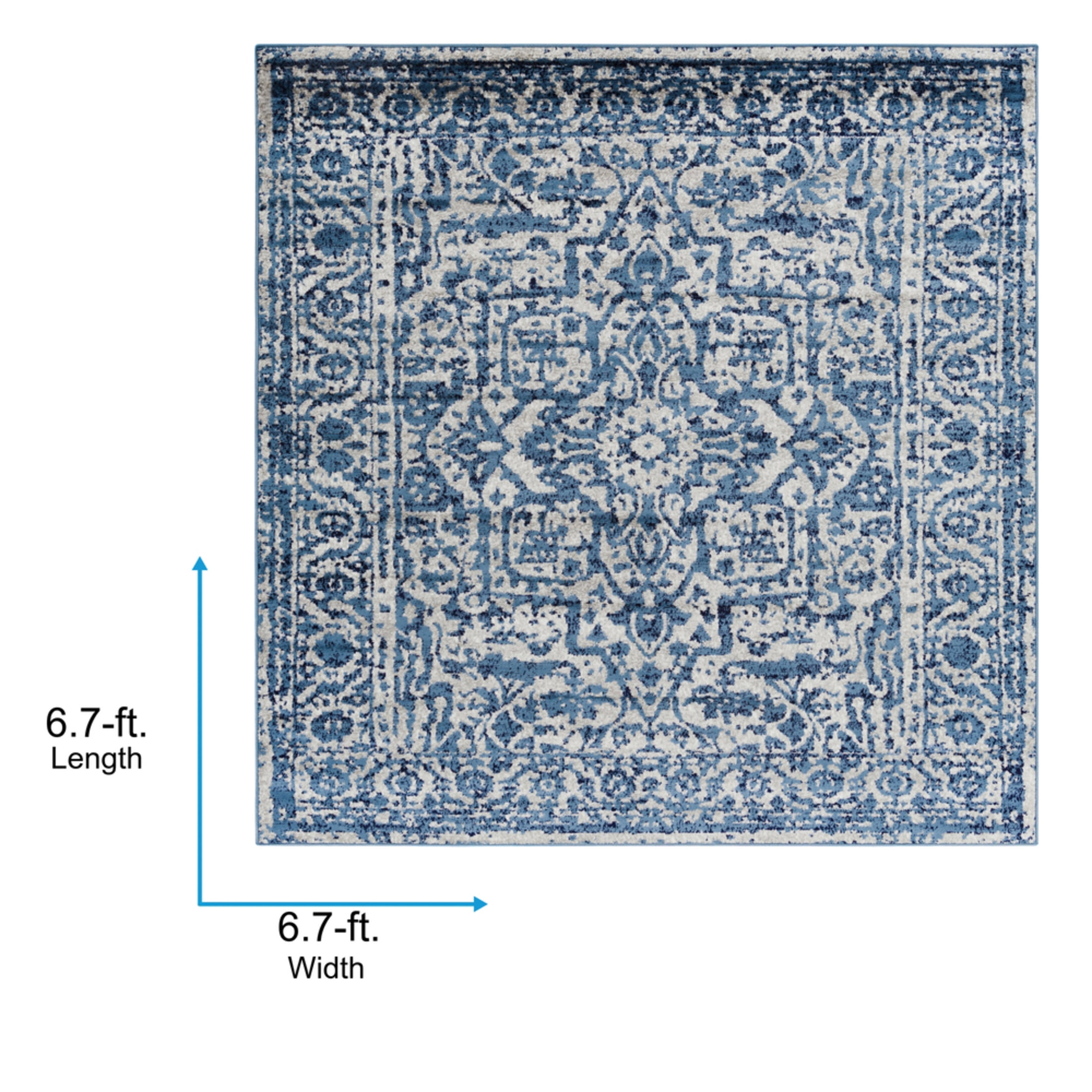 Livabliss Area Rugs for Living Room, 7ft Round Monte Carlo Traditional Blue Square Rug, Bedroom Dining Room Home Decor Stain Resistant Carpet (6'7" x 6'7")
