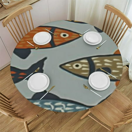 

Cartoon Fish Round Fitted Tablecloth with Elastic Edge Table Cloth for Indoor Outdoor Patio Picnic Camping