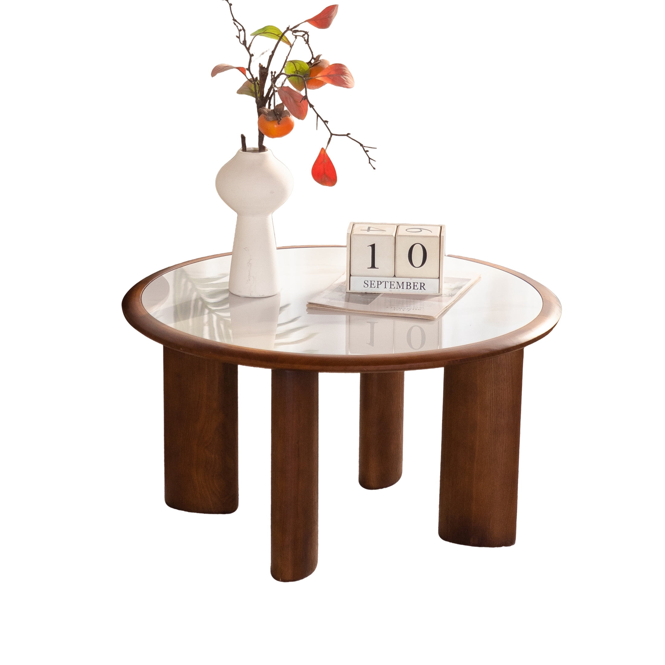 Noble House Ordis 27.76" Round Sintered Stone Coffee Table with Wood Veneer Frame & Cylindrical Legs, White & Walnut