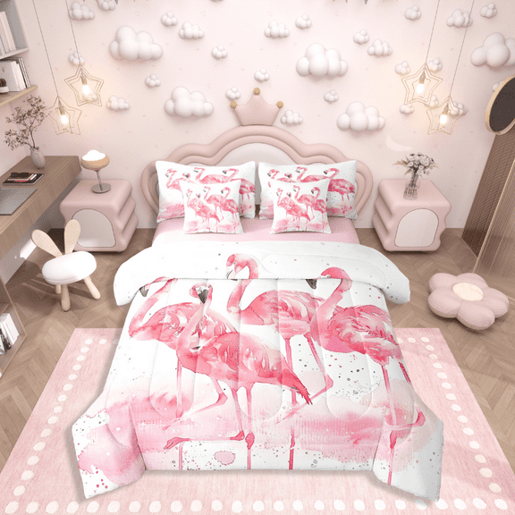 Manfei Pink Flamingo 7-Piece Twin Bedding Sets,Cartoon Animal Bedding Comforter Set,Watercolor Splash Breathable Sheet Sets,Microfiber Girls Bedroom Decor,Reversible