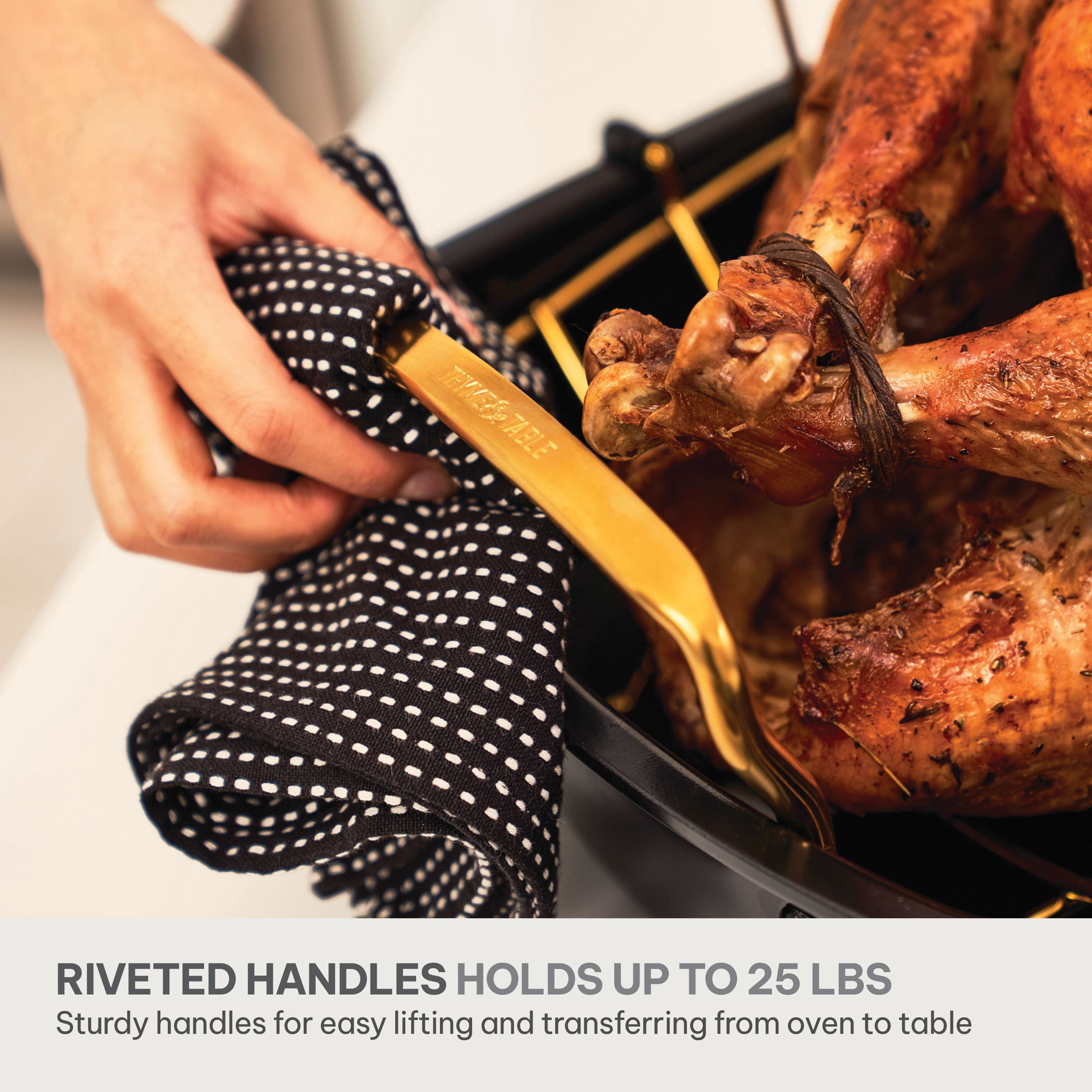 Thyme & Table 17-inch Carbon Steel Non-Stick Roasting Pan with Rack - Black and Gold