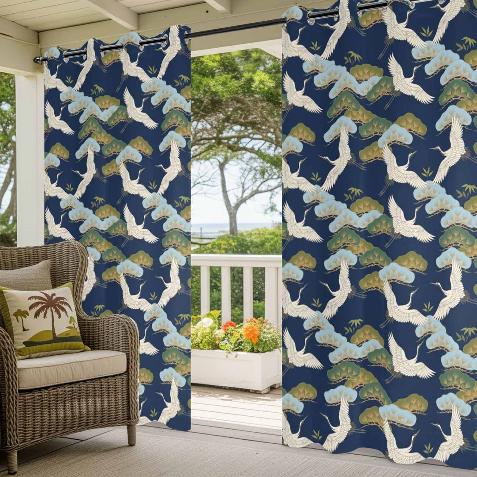 Flying Cranes Outdoor Curtains for Patio, Gold Pine Branches Navy Blue Background Sunshade Privacy Drapes Grommet Waterproof Outside Curtains for Porch/Cabana/Balcony 54"x 108", 1 Panel