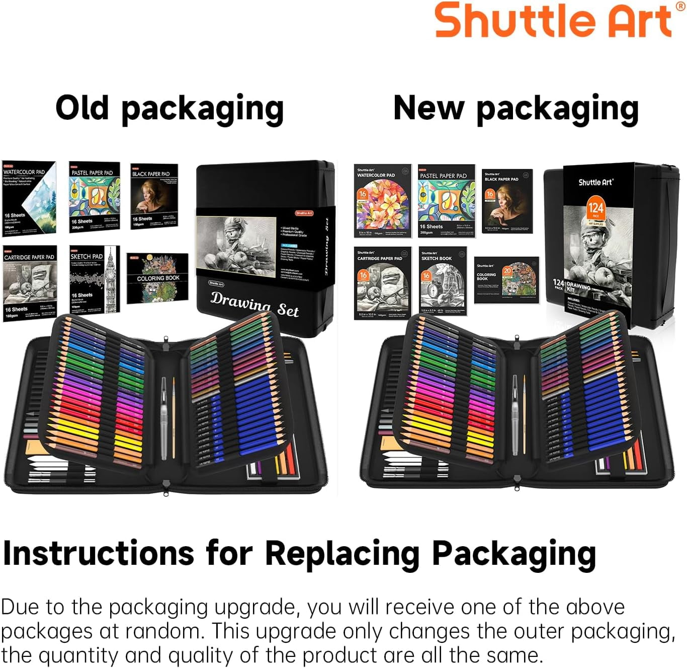 Shuttle Art 124 PCS Drawing Kit, Professional Drawing Supplies with Sketch, Charcoal, Colored, Graphite, Pastel Pencils & Sticks, Complete Drawing Tools and Paper Pads in Zipper Case