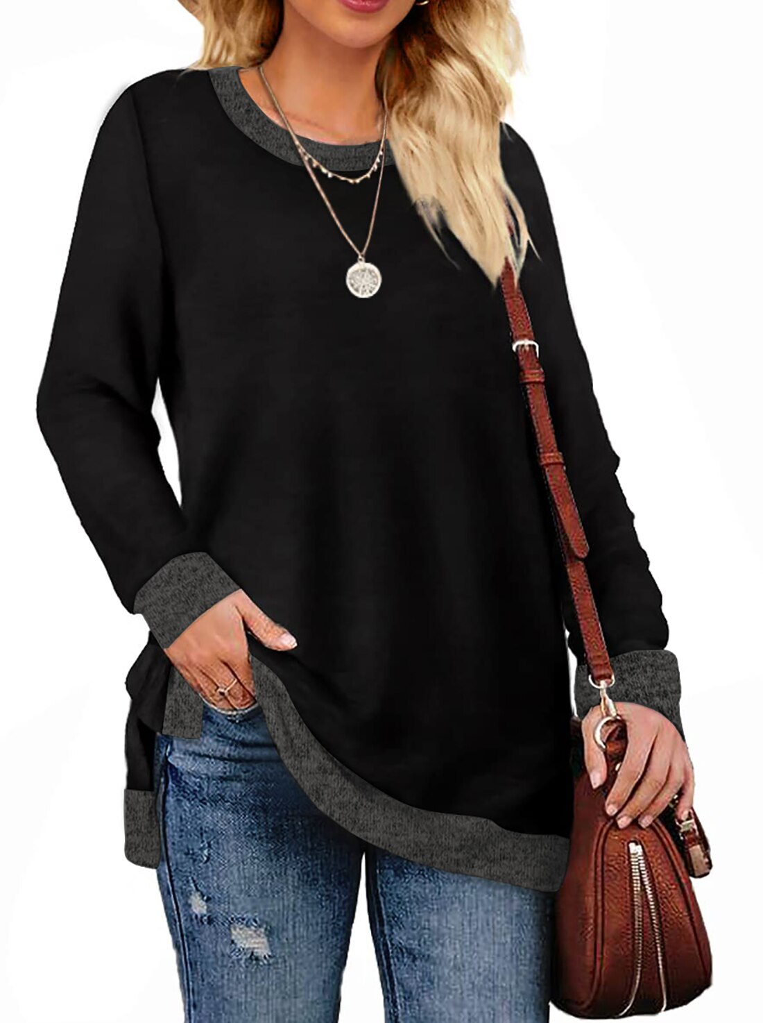 Fantaslook Sweatshirt for Women Long Sleeve Tunic Tops Color Block ...