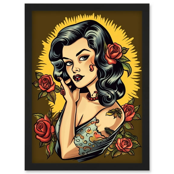 Retro Tattoo Ink Body Art Pin Up Girl Roses Sun Rockabilly Americana 50s Artwork Framed Wall Art Print A4