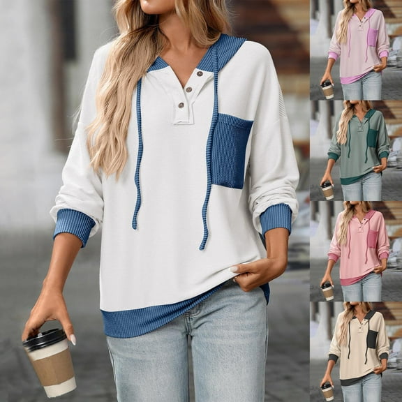 jtjvou Color Block Hoodie For Women Patchwork Long Sleeve Hooded Sweatshirt Blue L