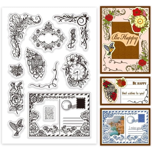 Vintage Rose Clear Stamps Postcard Silicone Stamp Flower Rubber Stamps Summer Theme Transparent Stamps