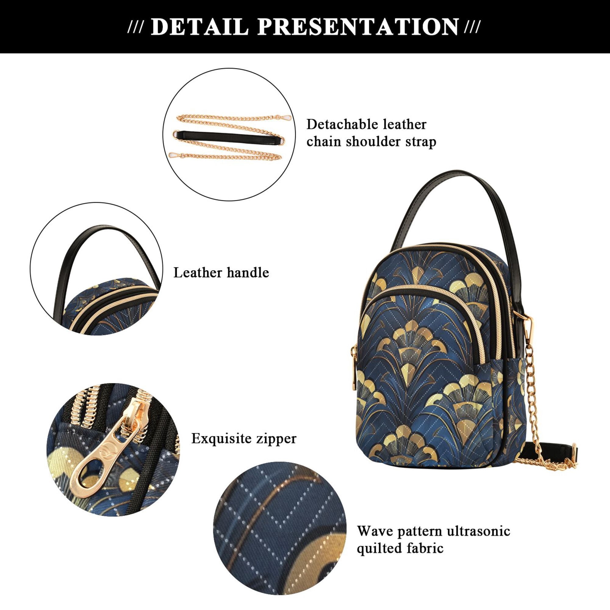 FORMRS Crossbody Bag for Women Quilted Travel Shoulder Cell Phone Purse with Chain Strap Handbag, Blue Art Pattern