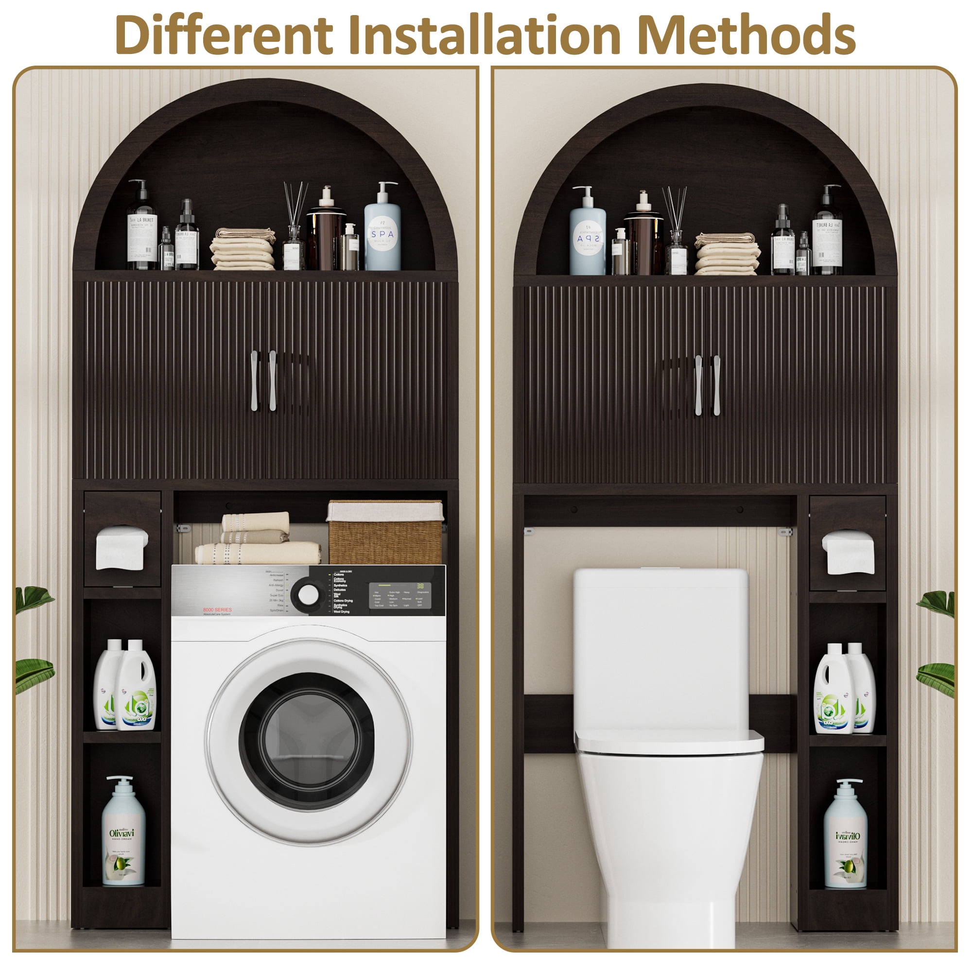 HARIPUL Over The Toilet Storage Cabinet w/ Unique Wood Grain & Arc Design, Freestanding Bathroom Shelf Organizer Space Saver w/ Doors & Anti-Tip Device, Coffee Color