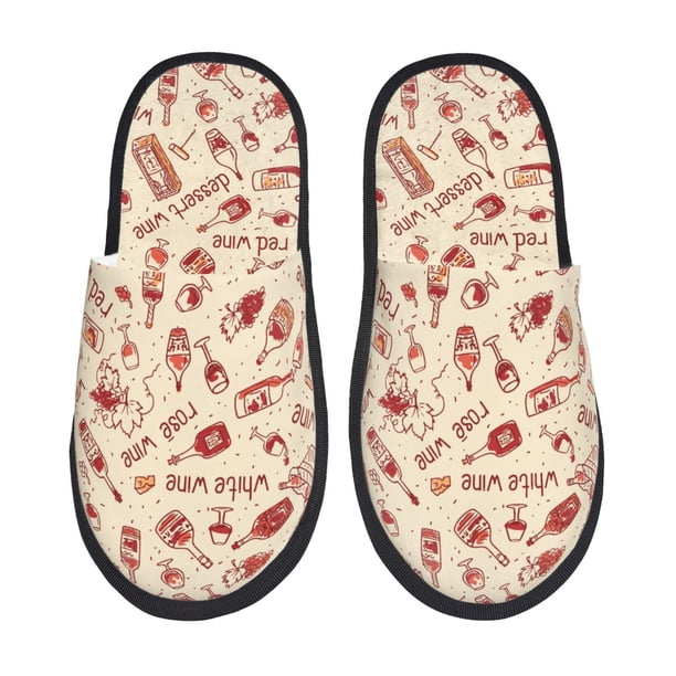 Balery Red Wine Pantuflas de Casa de Felpa Silenciosas con Diseño Estampado, Zapatillas Cómodas Antideslizantes de Algodón para Interior-Medium