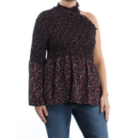 Smocked Floral Cocktail - CECE Womens Black Floral One Shoulder Smocked Long Sleeve Turtle Neck Party Top Size: M