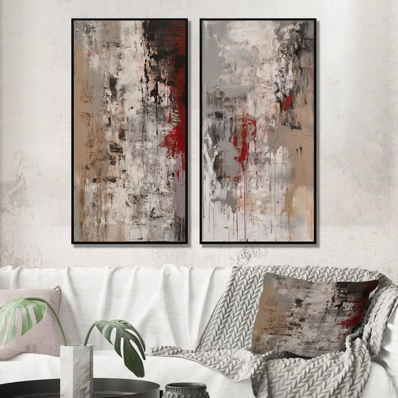 Designart "Fading Passion Retro Beige and Red Abstract" Abstract Painting Framed Wall Art Set Of 2 - Modern Red Frame Gallery Set For Office Decor
