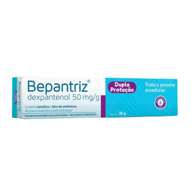 bepantriz pomada cimed 30g doble protección, crema dexpanthenol 50 mg/g en empaque rectangular blanco y turquesa, vista frontal con texto 'Dupla Proteção' y 'Trata e previne assaduras'; hipoalergénica e inodora, también adecuada para áreas tatuadas.