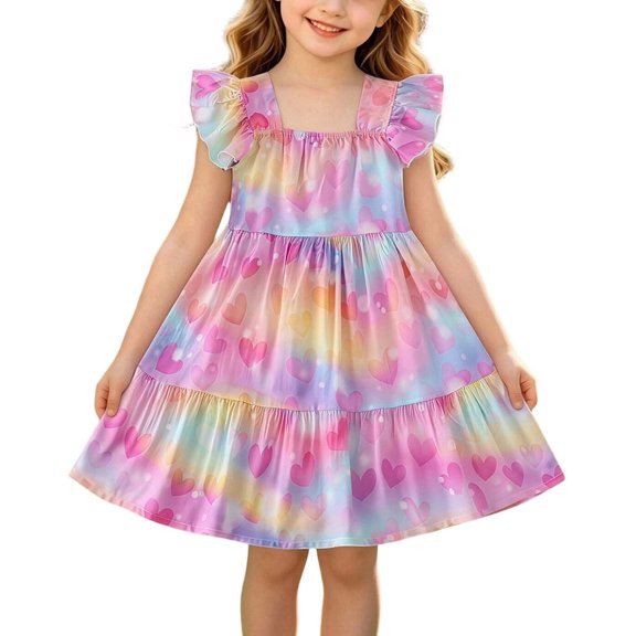 WRKEKC Girls Floral Dress Short Sleeve Cherry Bow Print Flounce Hem Layered Square Neck Dress Soft for 2-11 Years