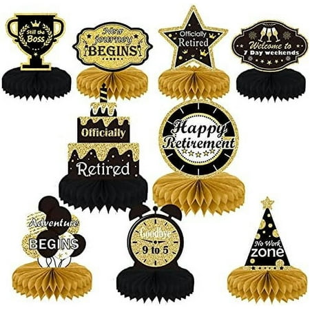 9PCS Retirement Party Decorations Gold Retirement Party Centerpiece Honeycomb Glitter Table Toppers for Happy Retirement Party Supplies Man and Women