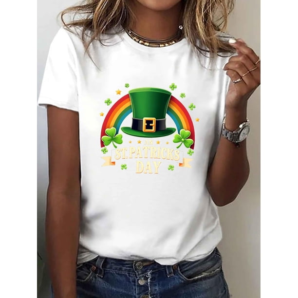 Women's St. Patrick's Day Leprechaun Hat & Shamrock Graphic T-Shirt - Casual Crew Neck, Short Sleeve Top in Soft Polyester Blend, Machine Washable, Perfect for Spring & Summer Festivities