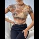 thumbnail image 4 of Top Corto de con Estampado para Mujer, Corta, Cuello Alto, Ajustado, con Ribete en Forma de Lechuga, Transparente, para Salir Ámbar L, 4 of 9