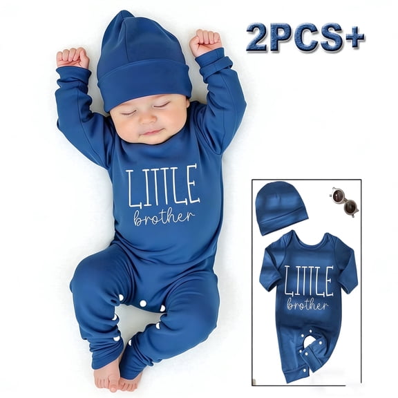 Ylsteed Newborn "Little Brother" Embroidery Onesie Birth Announcement Photography Clothing Baby Boy Soft Long Sleeve Romper with Hat 0-3 Months