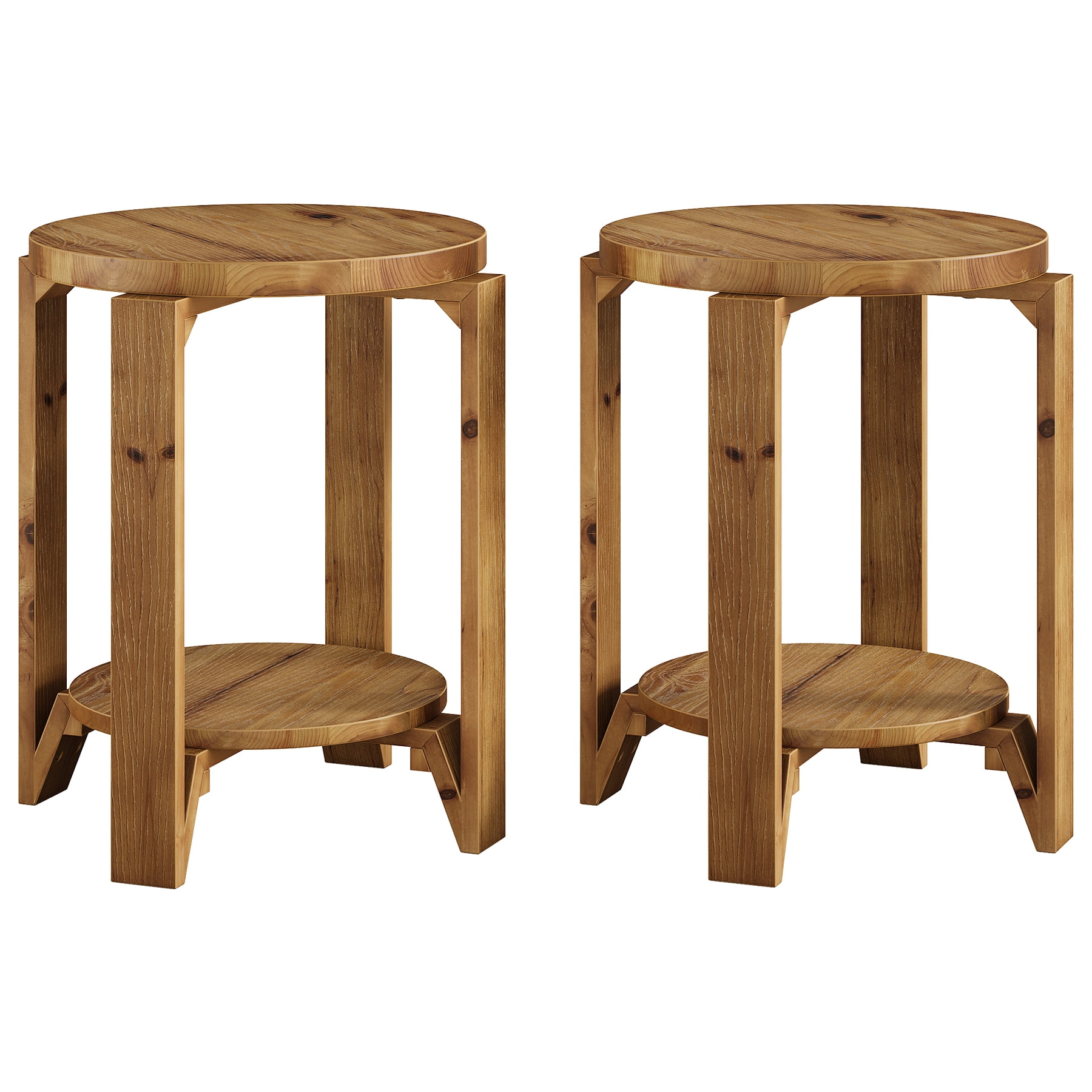 Finmind Solid Wood End Table, 19.69 Inch Round Sofa Side Table with Storage,  2-Tier  Farmhouse Wooden Nightstand for Living Room, Bedroom, Couch, Set of 2, Brown