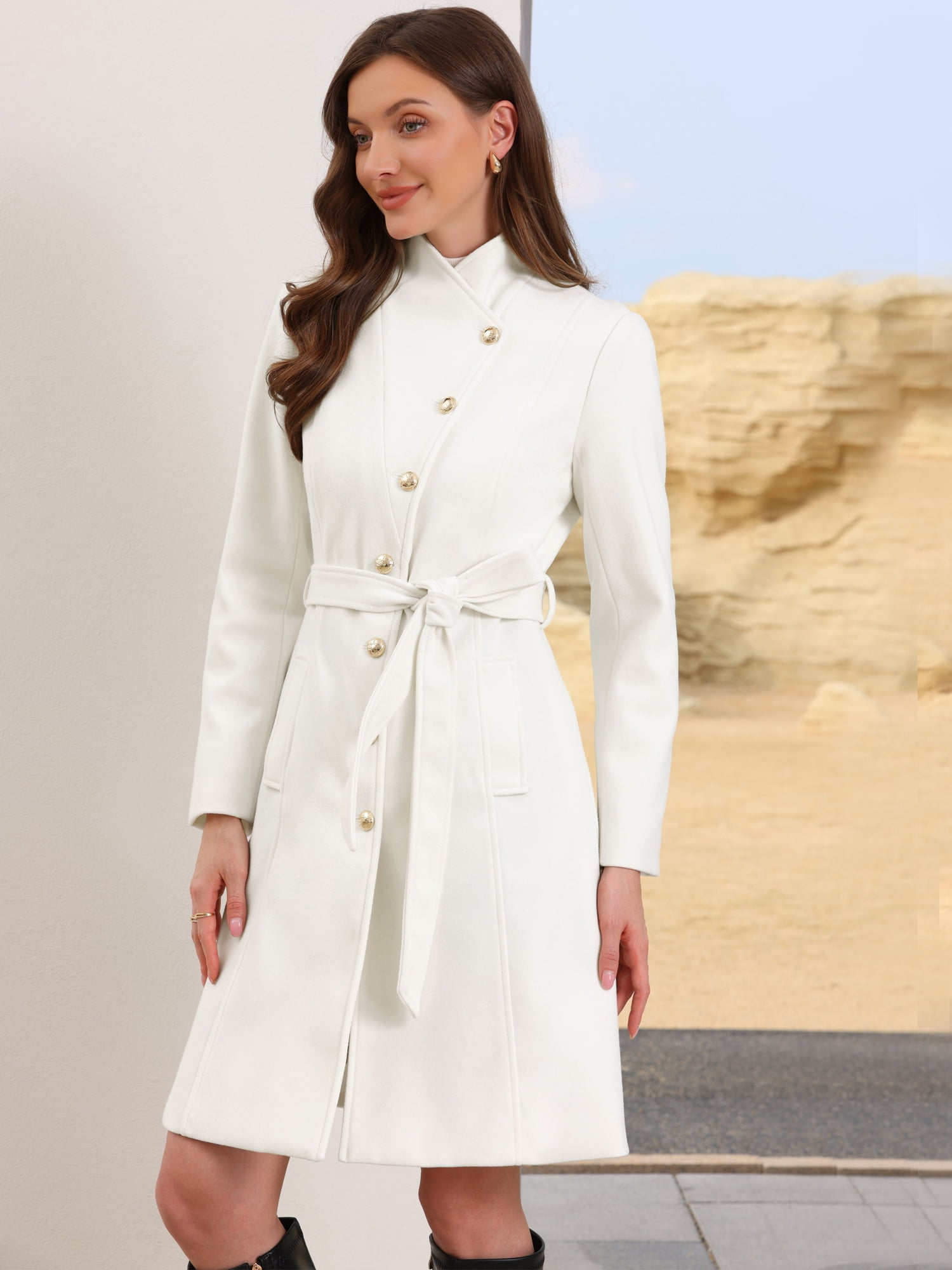 DARING DIVA Women's Stand Collar Belted Single Breasted Trench Pea Coat M White