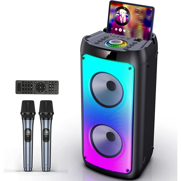 JYX Machine de Karaoké avec 2 Microphones, Haut-Parleur de Karaoké Bluetooth Système de PA de Fête avec Karaoké, Radio, Fonctions d'Enregistrement, Lumière Colorée RGB, Télécommande