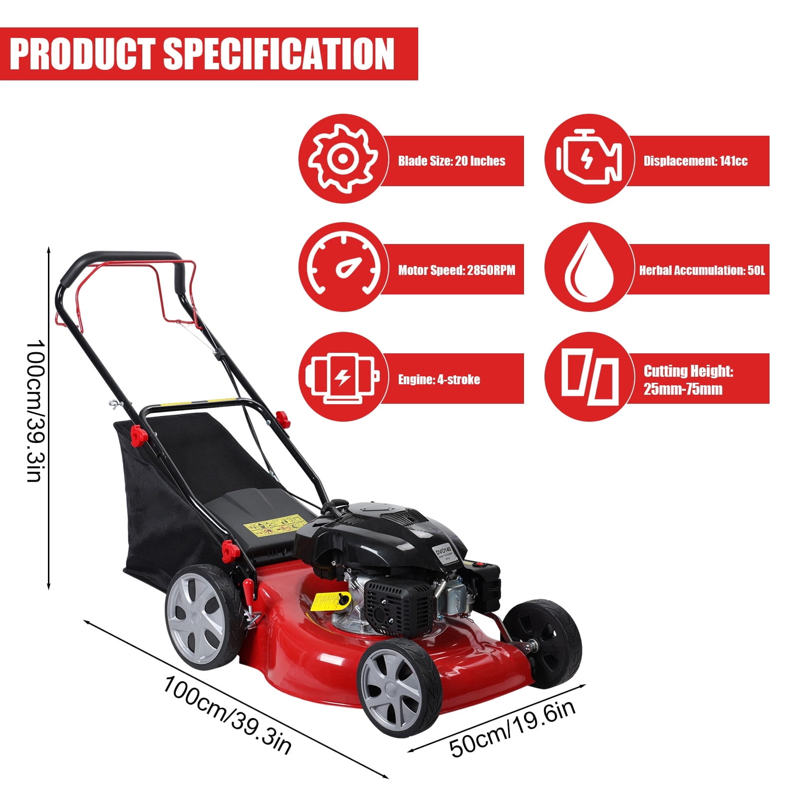 Fompes 20-Inch Gas Push Lawn Mower with 141 cc 4-Cycle Engine, 7-Position Dual Lever Height Adjustment Self Propelled Lawn Mower with 50L Grass Tank, Big Wheels