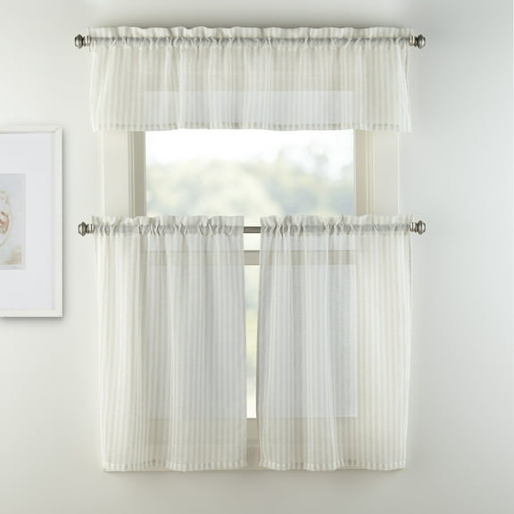 Mainstays Light Filtering Rod Pocket Stripe Curtain Tier and Valance Set, 3pc, 56"x36", Beige
