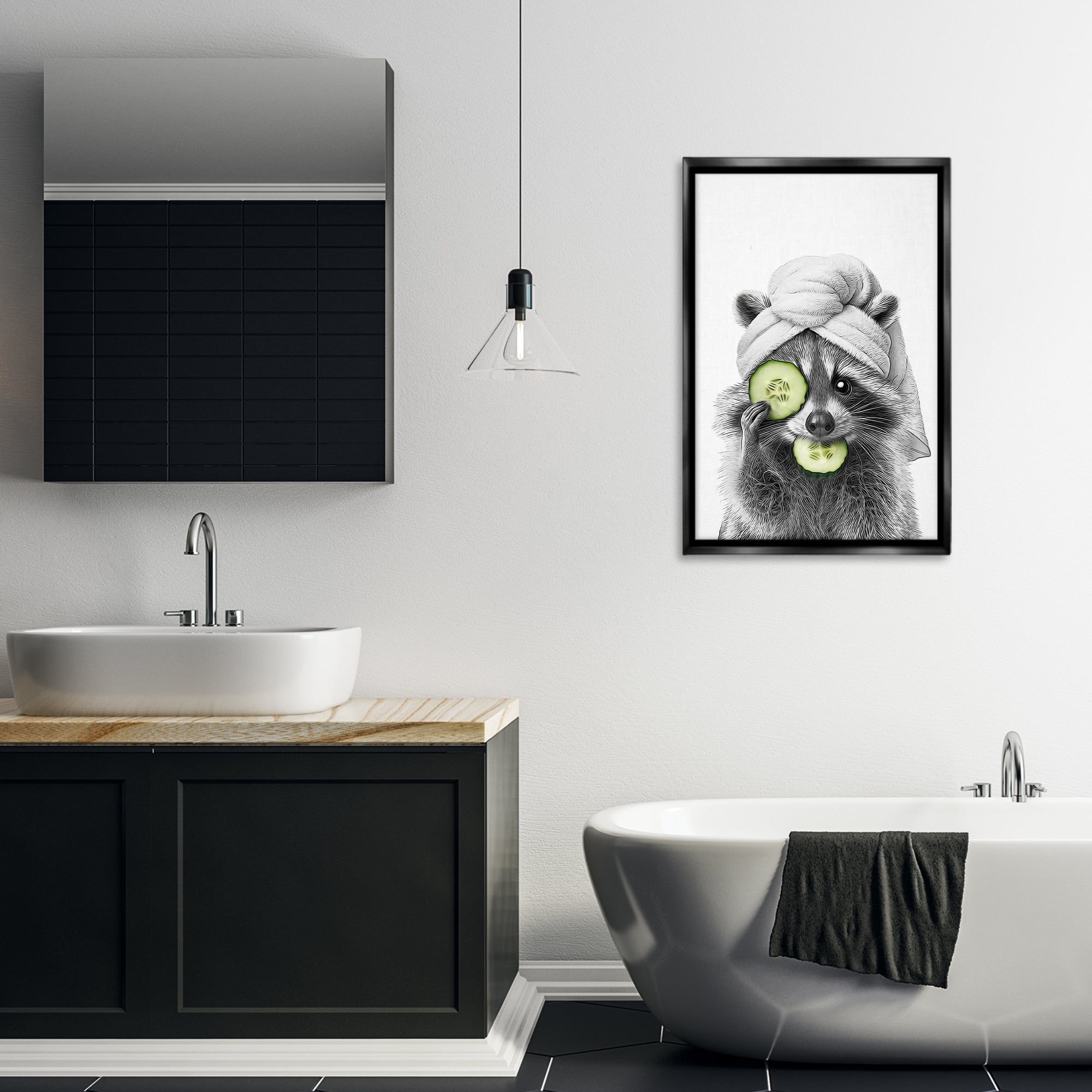Stupell Industries Raccoon Spa Day Typography Painting Black Floater Framed Canvas Art Print Wall Art, 21 x 31