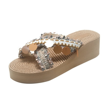 

Slippers for Women Shoes Women S Slope Wear Sequins Heel Thick Soled Slippers Beach Fashion Shoes Outer Women S Slipper Womens Slippers Cloth Gold 38