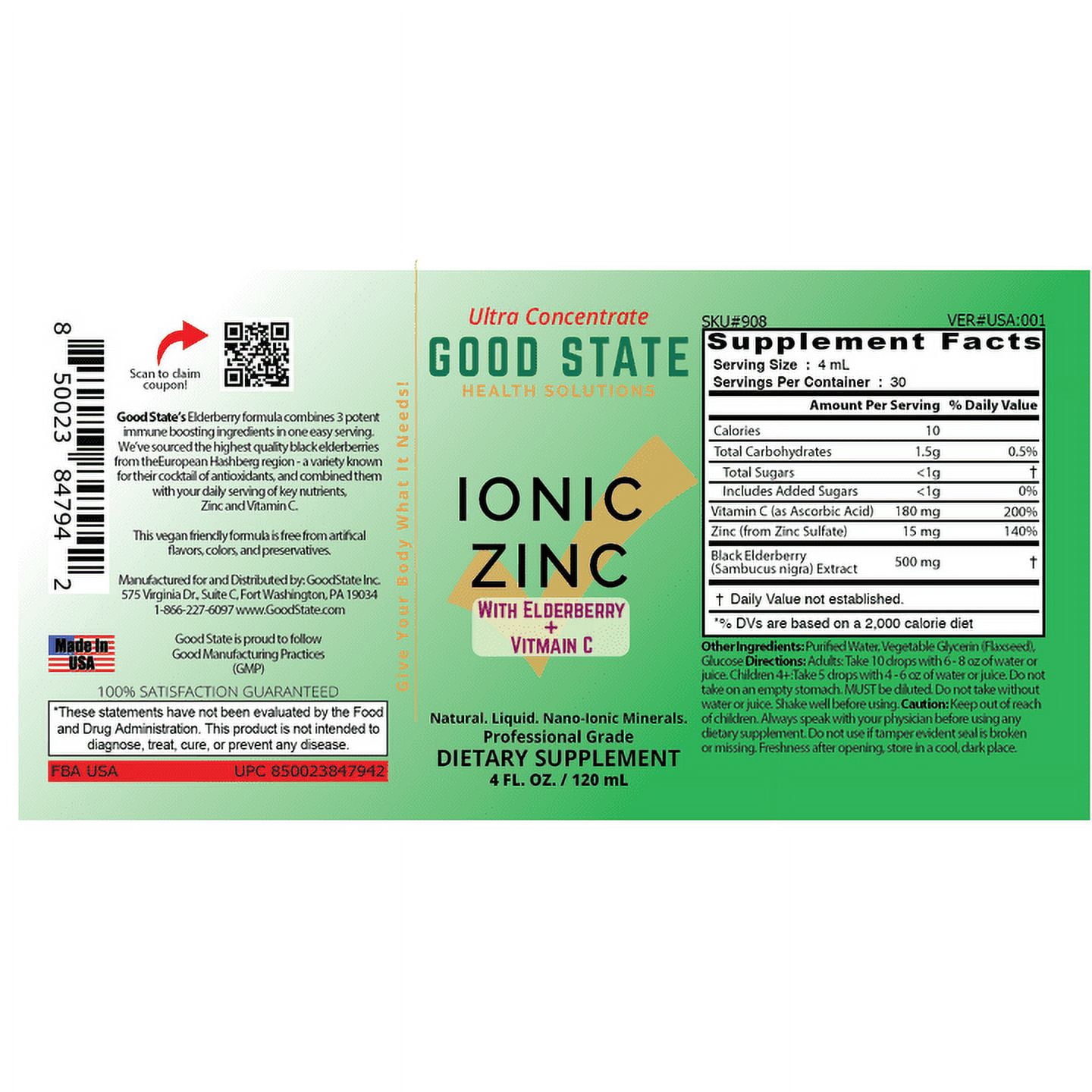 Good State Liquid Ionic Zinc, Elderberry + Vitamin C Ultra Concentrate, 30 Servings, 4 Fl Oz, Supports Immune Health and Antioxidant Defense