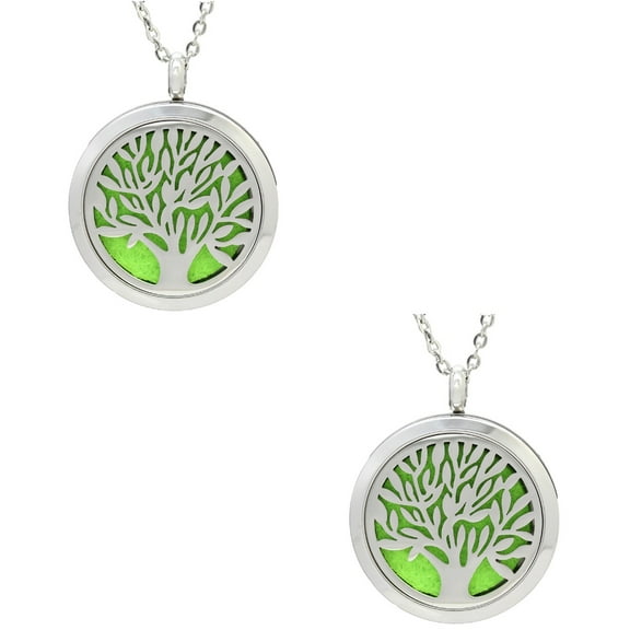 Masteelf 2pcs Women Jewelry Aromatherapy Essential Oil Diffuser Necklace Round Locket Pendant Tree of Life Design