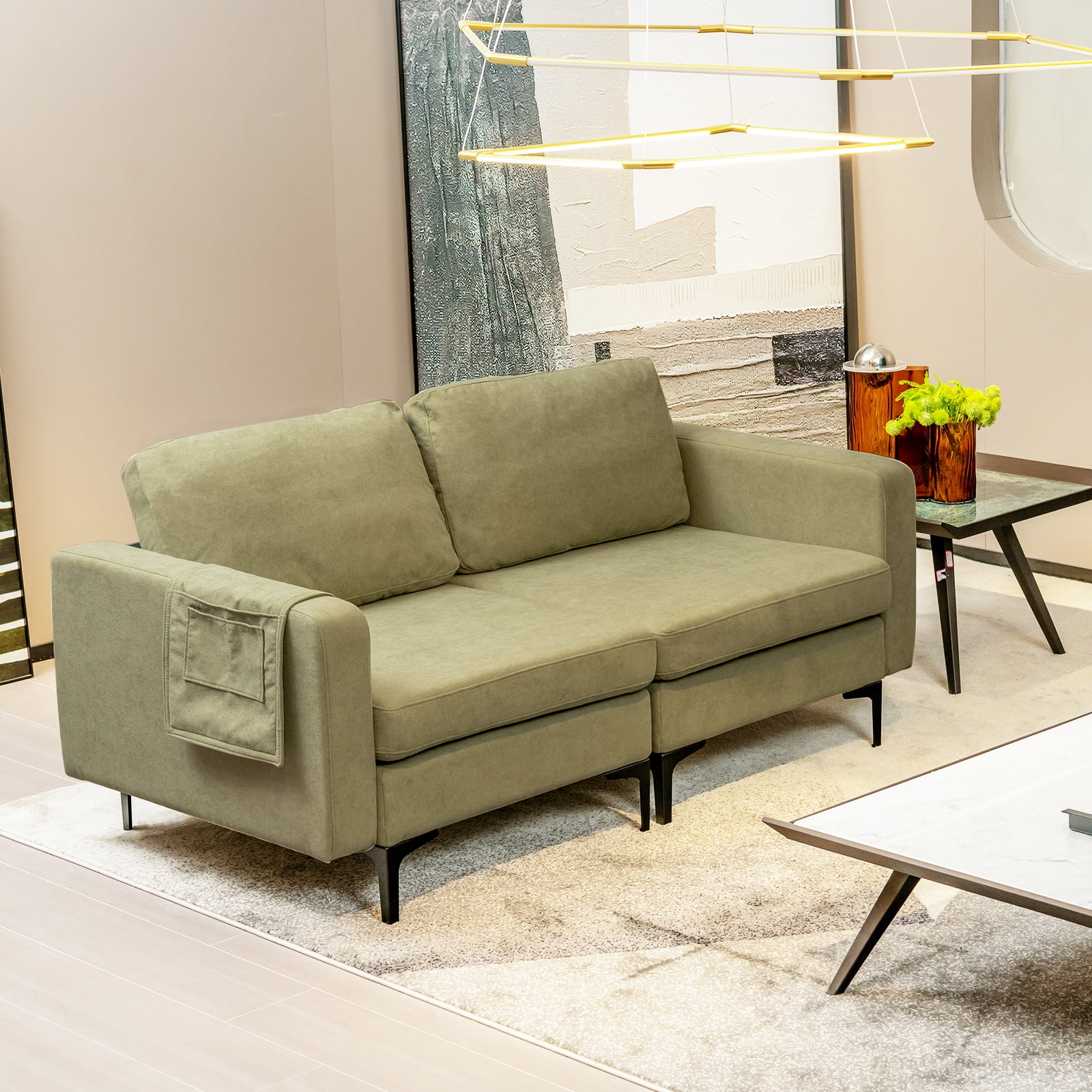 Costway Modern Loveseat Linen Fabric 2-Seat Sofa Couch w/ Side Storage Pocket Green
