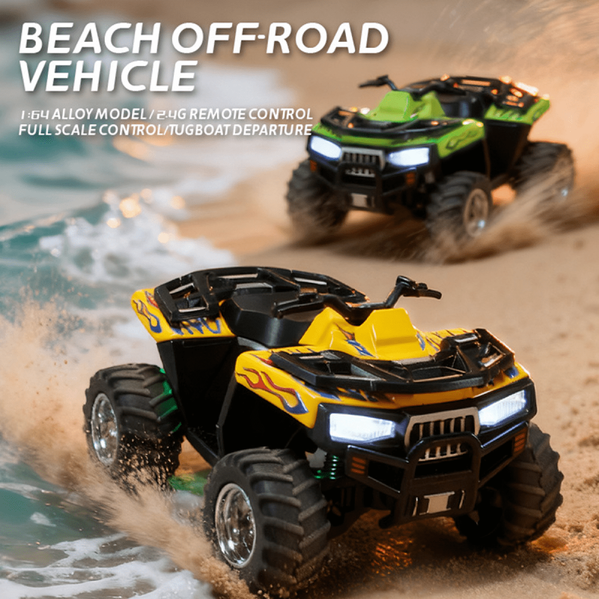 Mini Beach RC Truck for Adults 4-wheels 1:64 Alloy Remote Control Car with Lights, Desktop Off-road Motorcycle for Kids Gifts(Green)
