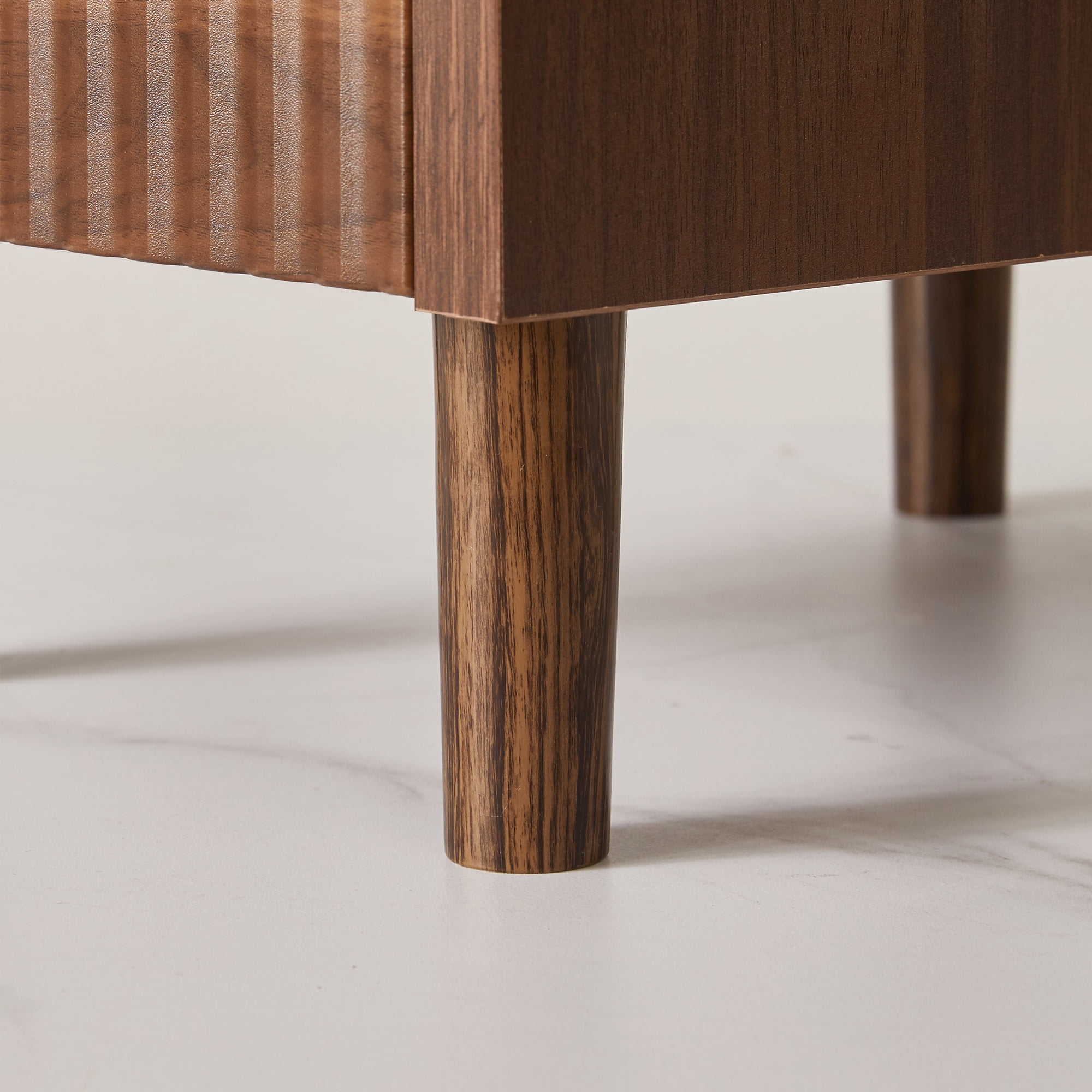 Set of 2 Fluted Wood Nightstands with Drawer and Open Storage, Modern Bedside End Tables and Bedroom Storage Cabinets, Walnut