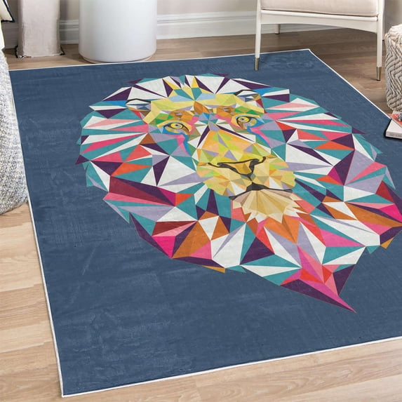 Zoo Decorative Rug, Colorful Animals Geometric Diamond Face Lions Mane Safari Wildlife Theme Image, Quality Carpet for Bedroom Dorm and Living Room, 6 Sizes, Blue, by Ambesonne