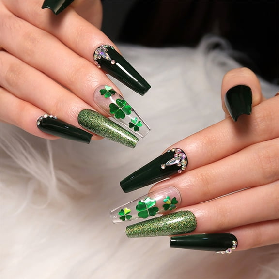 Transparent Long Coffin Nake Nails French Style Fake Nail with Glitter Powder for Hand Decoration Nail Art Glue Models