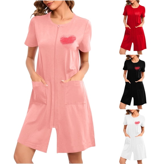 Miluxas Women Zipper Pajamas Short Bathrobe Lightweight House Coat with Pockets Soft Nightgown White