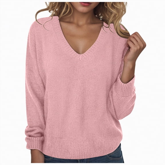 Kaprioy Sweaters For Women V Neck Long Sleeve Loose Fit Pullover Sweater Trendy Casaul Fall Fashion Winter Clothes Pink, XXL