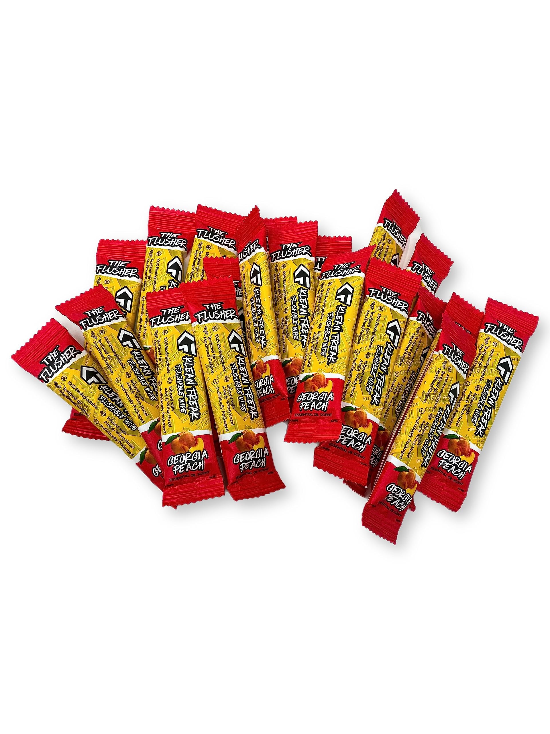THE KLEAN FREAK FLUSHER - 100 Pack FLUSHABLE WIPES Flushable Wipes For Adults & Kids Unscented/Scented - 100% BIODEGRADABLE Individual Wrapped Travel WET Wipe for Toilet - Georgia Peach